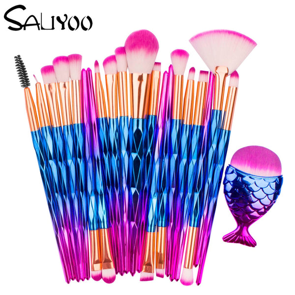SALIYOO 21pcs Fish Tail Diamond Mermaid Makeup Brushes Set Foundation Powder Eyeshadow Contour Blending Face Cosmetic Brush Tool